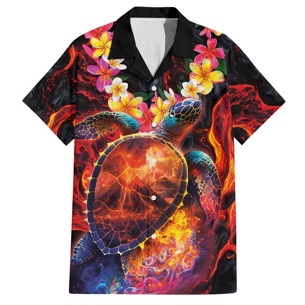Hawaiian Turtle with Volcanic Eruption Family Matching Summer Maxi Dress and Hawaiian Shirt Hibiscus Lei and Lava Flow an Abstract Texture LT03 Dad's Shirt - Short Sleeve Black - Polynesian Pride