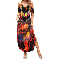 Hawaiian Turtle with Volcanic Eruption Family Matching Summer Maxi Dress and Hawaiian Shirt Hibiscus Lei and Lava Flow an Abstract Texture LT03 Mom's Dress Black - Polynesian Pride