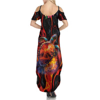 Hawaiian Turtle with Volcanic Eruption Family Matching Summer Maxi Dress and Hawaiian Shirt Hibiscus Lei and Lava Flow an Abstract Texture LT03 - Polynesian Pride