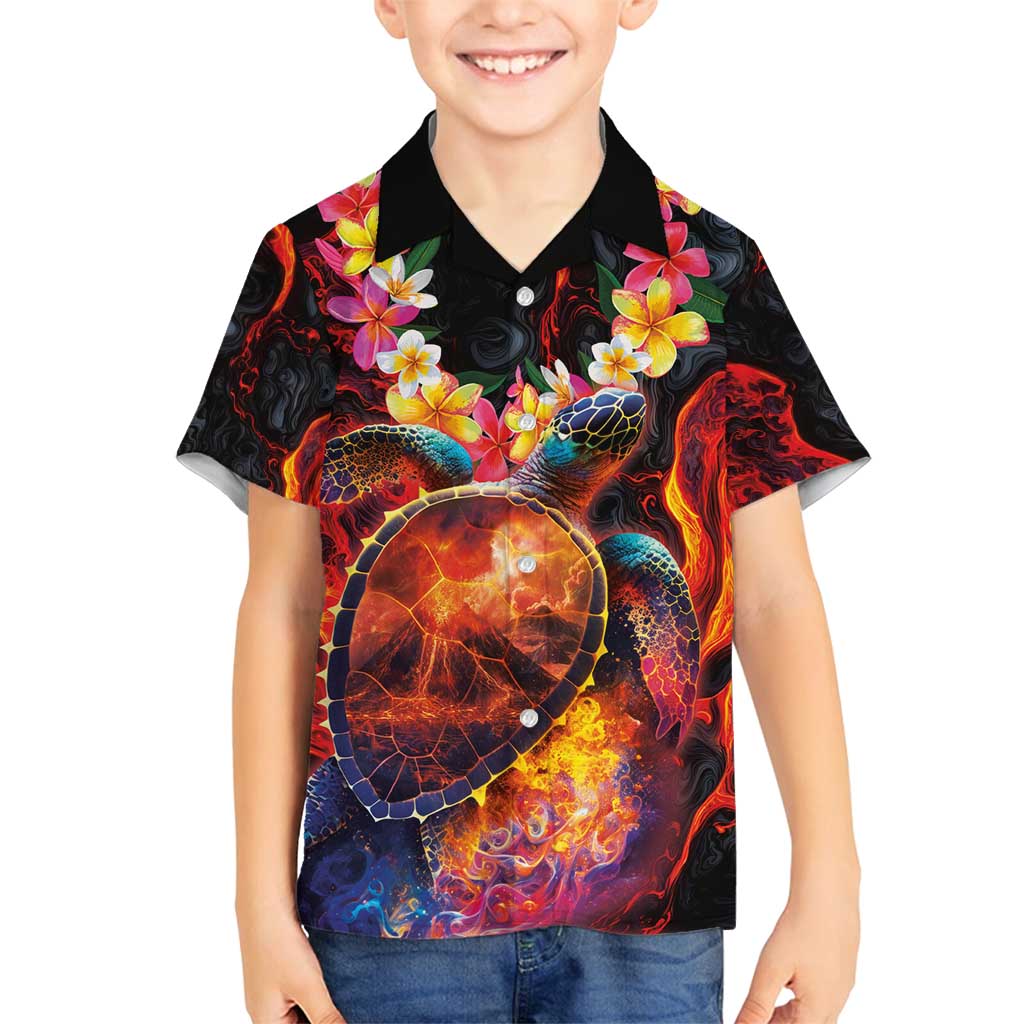 Hawaiian Turtle with Volcanic Eruption Family Matching Summer Maxi Dress and Hawaiian Shirt Hibiscus Lei and Lava Flow an Abstract Texture LT03 Son's Shirt Black - Polynesian Pride