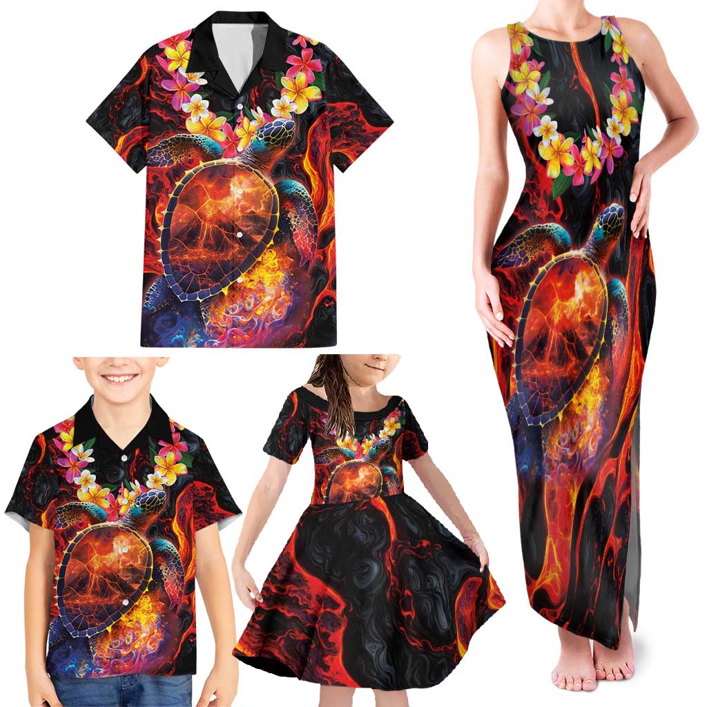 Hawaiian Turtle with Volcanic Eruption Family Matching Tank Maxi Dress and Hawaiian Shirt Hibiscus Lei and Lava Flow an Abstract Texture LT03 - Polynesian Pride