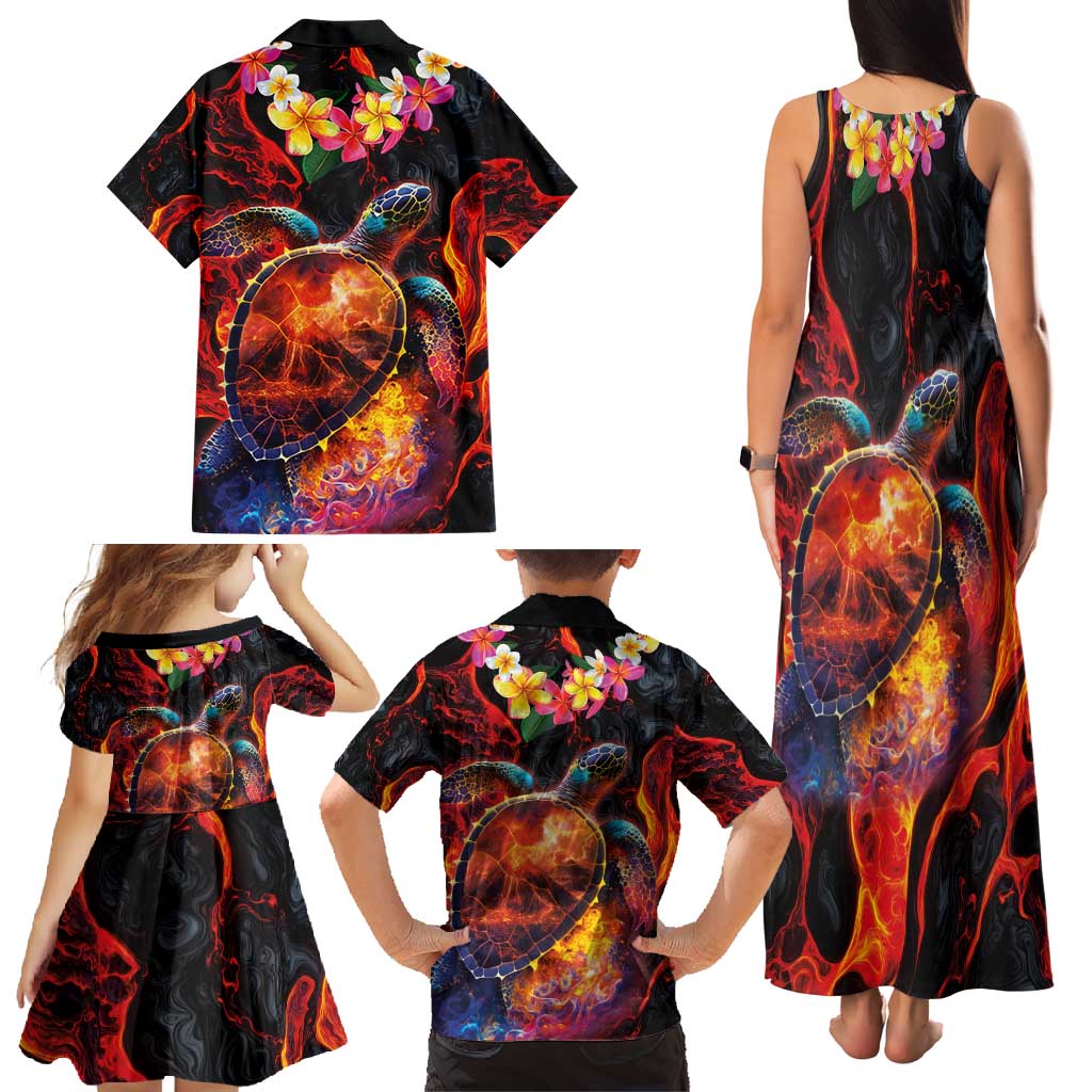 Hawaiian Turtle with Volcanic Eruption Family Matching Tank Maxi Dress and Hawaiian Shirt Hibiscus Lei and Lava Flow an Abstract Texture LT03 - Polynesian Pride