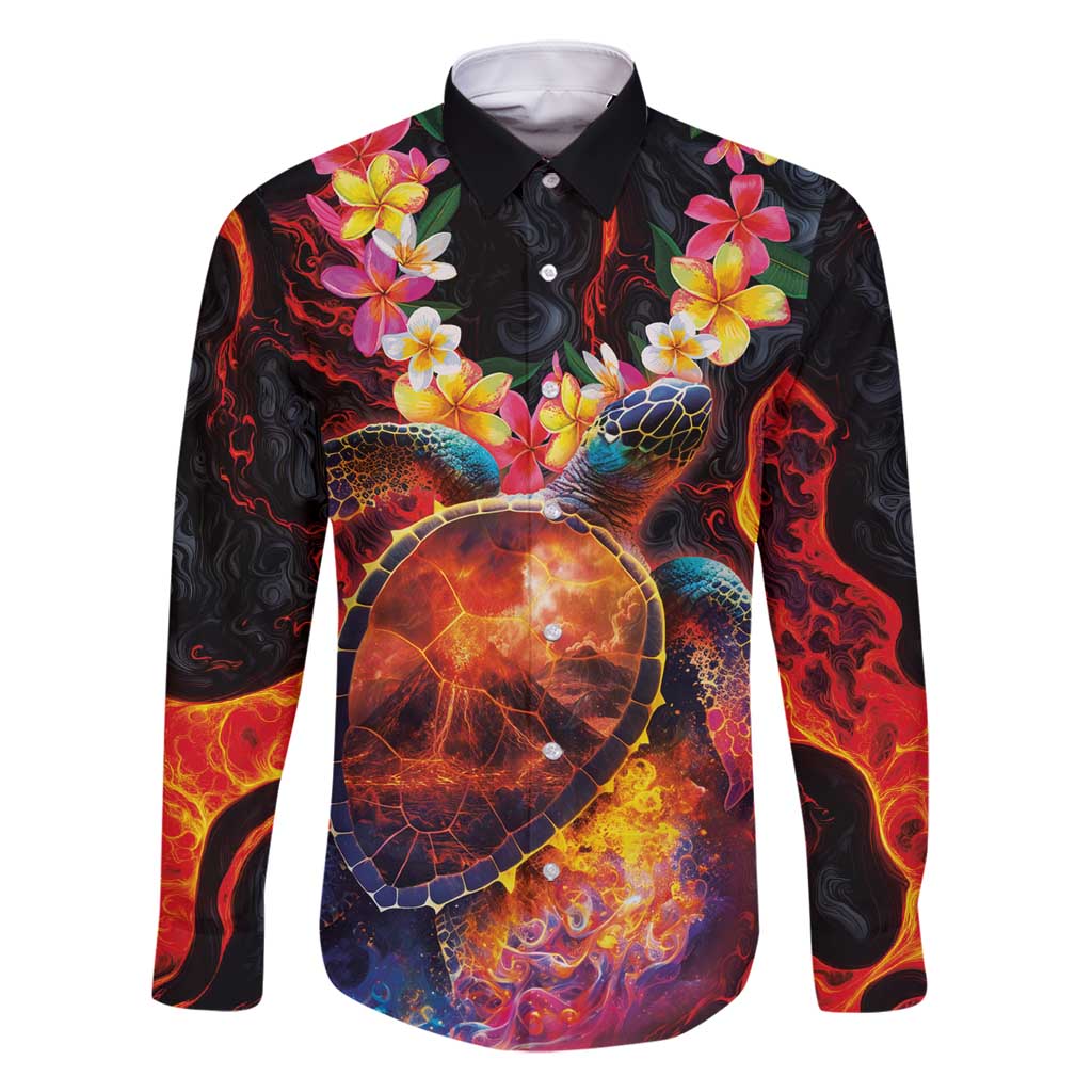 Hawaiian Turtle with Volcanic Eruption Family Matching Tank Maxi Dress and Hawaiian Shirt Hibiscus Lei and Lava Flow an Abstract Texture LT03 Dad's Shirt - Long Sleeve Black - Polynesian Pride