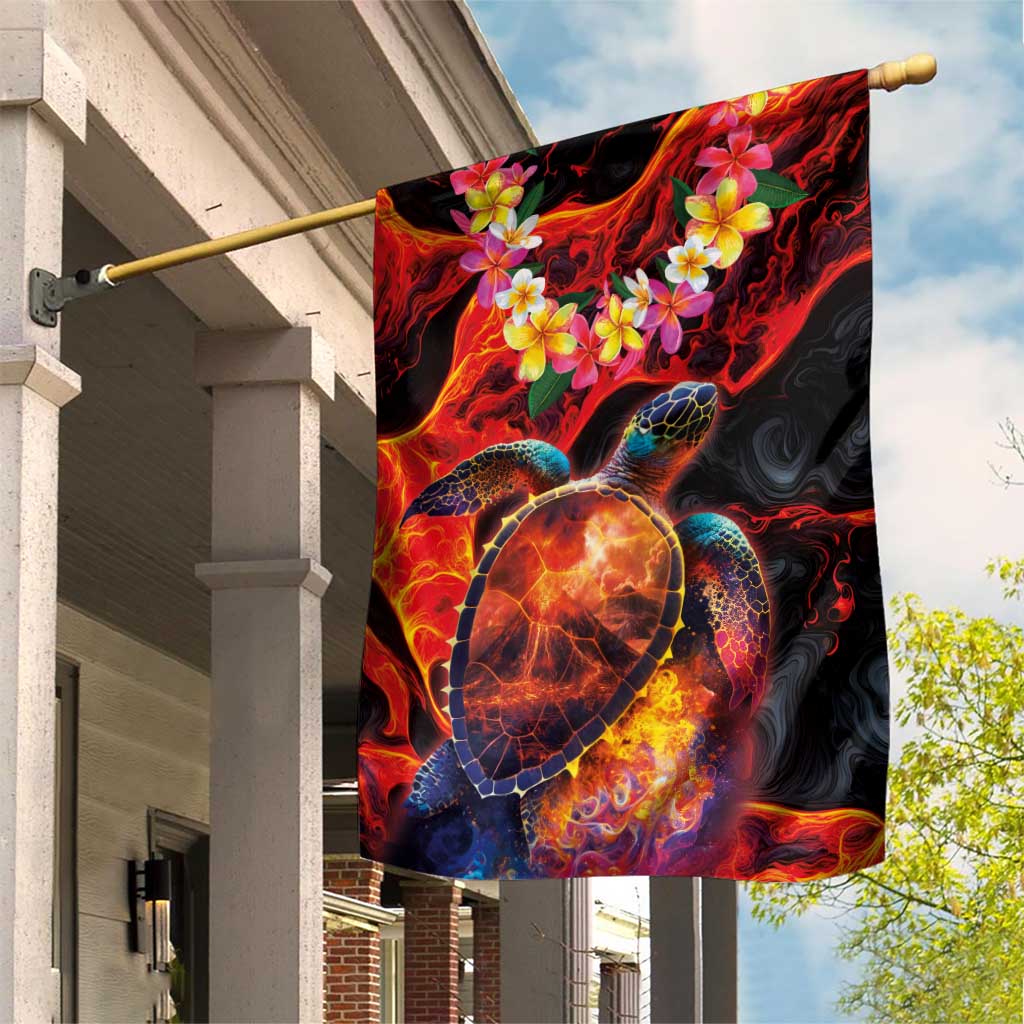 Hawaiian Turtle with Volcanic Eruption Garden Flag Hibiscus Lei and Lava Flow an Abstract Texture LT03 House Flag Black - Polynesian Pride
