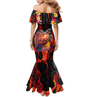 Hawaiian Turtle with Volcanic Eruption Mermaid Dress Hibiscus Lei and Lava Flow an Abstract Texture