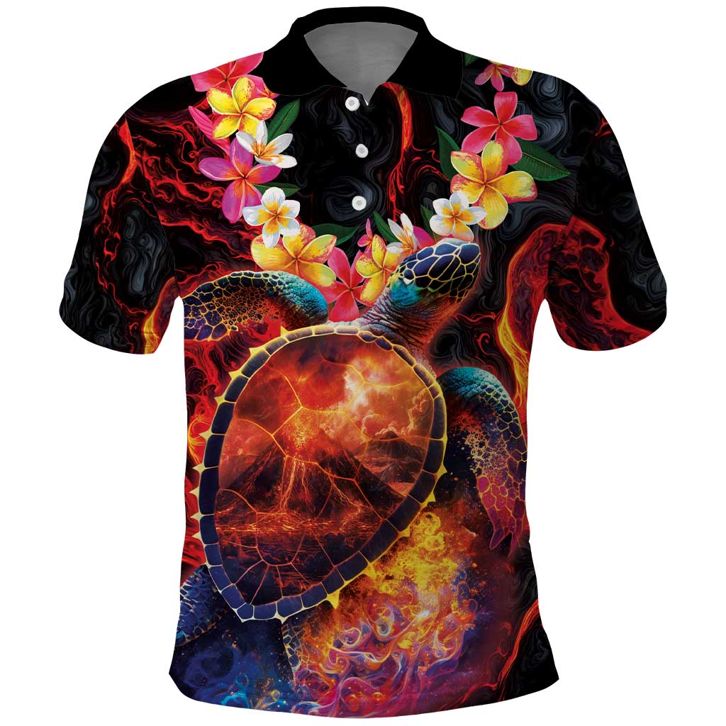 Hawaiian Turtle with Volcanic Eruption Polo Shirt Hibiscus Lei and Lava Flow an Abstract Texture LT03 Black - Polynesian Pride
