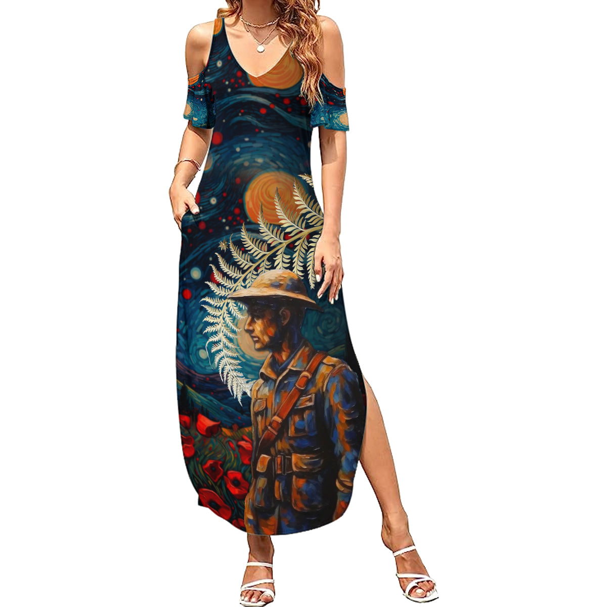 New Zealand Soldier ANZAC Day Family Matching Summer Maxi Dress and Hawaiian Shirt Silver Fern Starry Night Style LT03 Mom's Dress Blue - Polynesian Pride