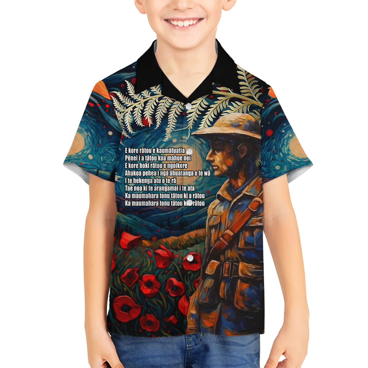 New Zealand Soldier ANZAC Day Family Matching Summer Maxi Dress and Hawaiian Shirt Silver Fern Starry Night Style LT03 Son's Shirt Blue - Polynesian Pride