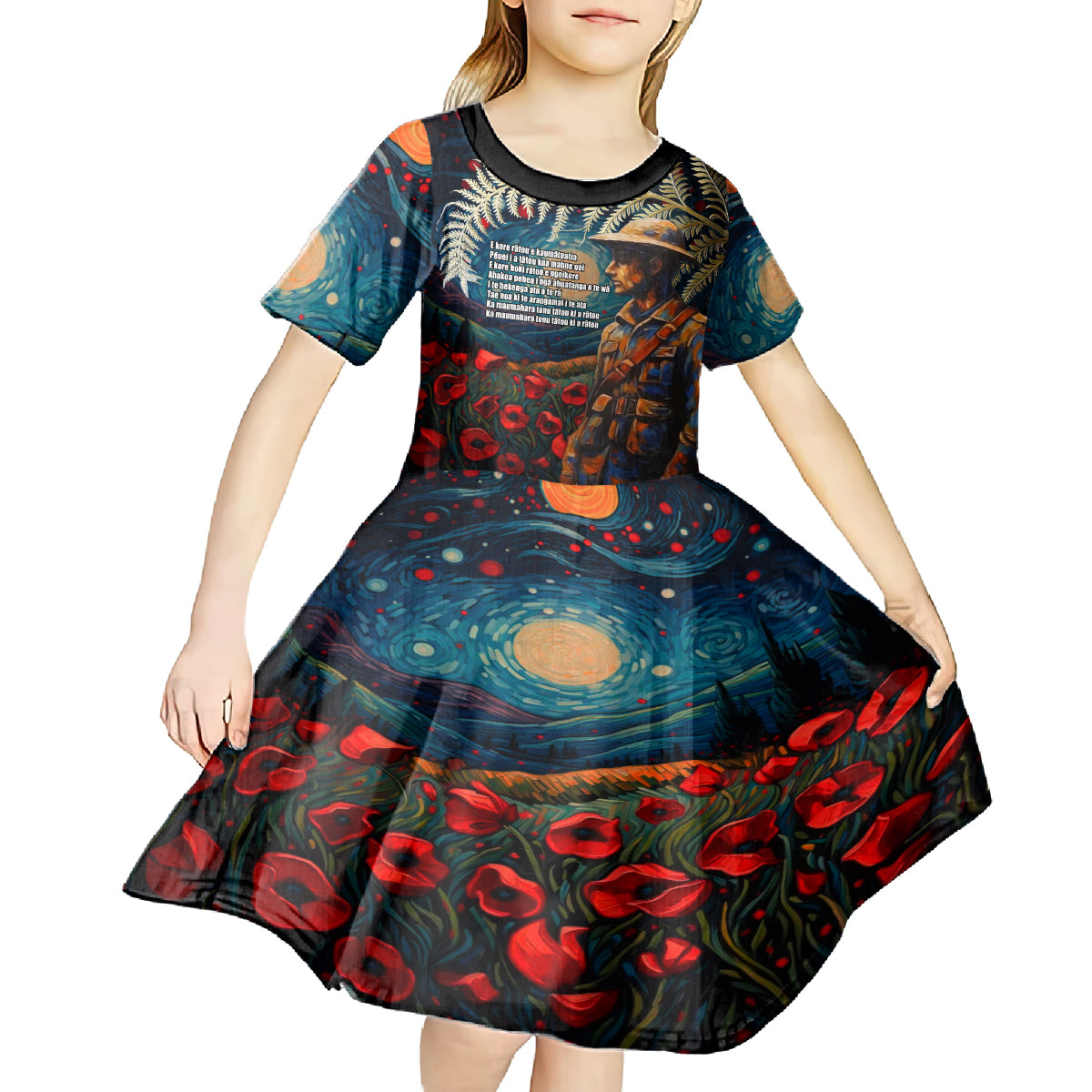 New Zealand Soldier ANZAC Day Kid Short Sleeve Dress Silver Fern Starry Night Style LT03 - Polynesian Pride
