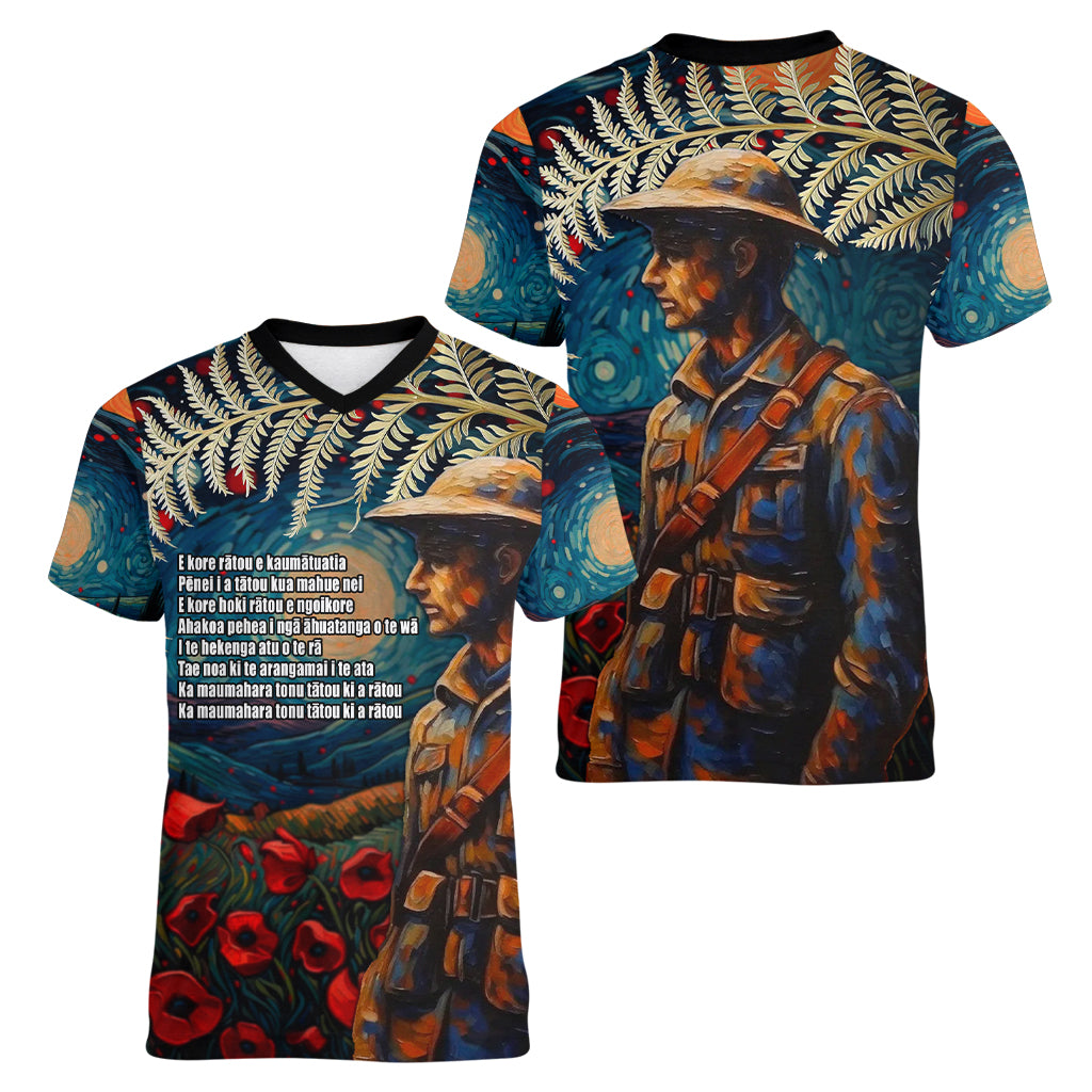 New Zealand Soldier ANZAC Day Women V Neck T Shirt Silver Fern Starry Night Style LT03 - Polynesian Pride