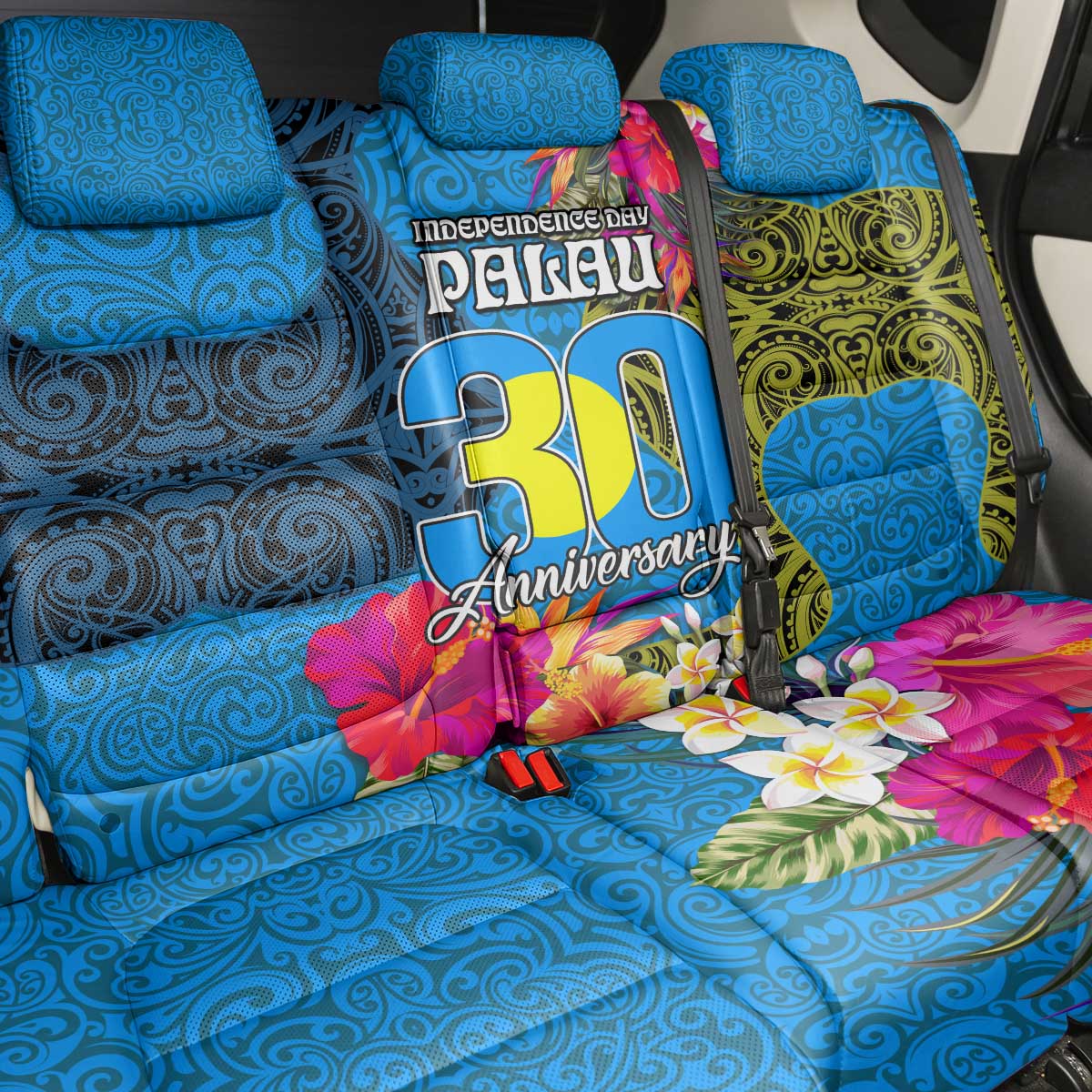 Palau Independence Day Back Car Seat Cover 1st October 30th Anniversary Polynesian Jungle Flower LT03 - Polynesian Pride