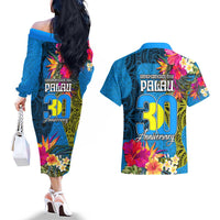 Palau Independence Day Couples Matching Off The Shoulder Long Sleeve Dress and Hawaiian Shirt 1st October 30th Anniversary Polynesian Jungle Flower LT03 - Polynesian Pride