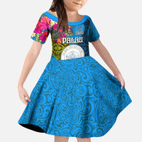 Palau Independence Day Family Matching Mermaid Dress and Hawaiian Shirt 1st October 30th Anniversary Polynesian Jungle Flower LT03 Daughter's Dress Blue - Polynesian Pride