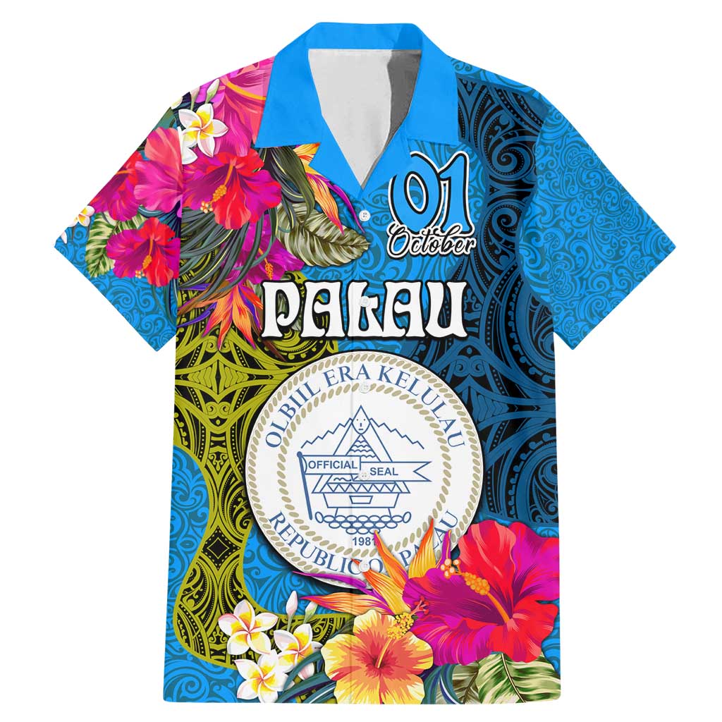 Palau Independence Day Family Matching Mermaid Dress and Hawaiian Shirt 1st October 30th Anniversary Polynesian Jungle Flower LT03 Dad's Shirt - Short Sleeve Blue - Polynesian Pride