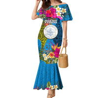 Palau Independence Day Family Matching Mermaid Dress and Hawaiian Shirt 1st October 30th Anniversary Polynesian Jungle Flower LT03 Mom's Dress Blue - Polynesian Pride