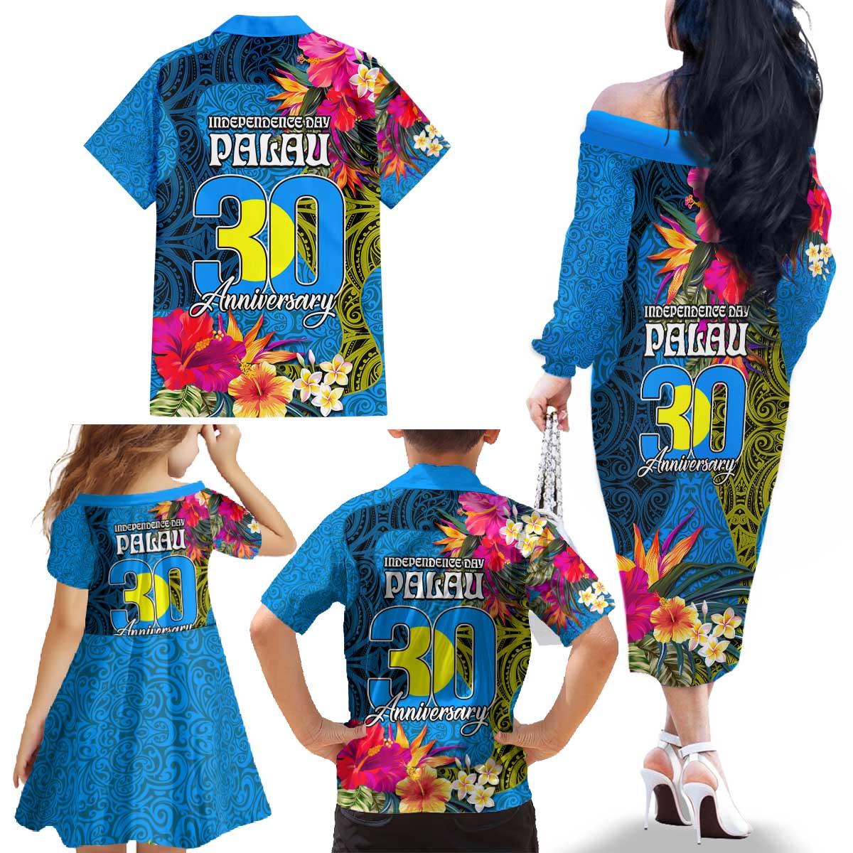 Palau Independence Day Family Matching Off The Shoulder Long Sleeve Dress and Hawaiian Shirt 1st October 30th Anniversary Polynesian Jungle Flower LT03 - Polynesian Pride