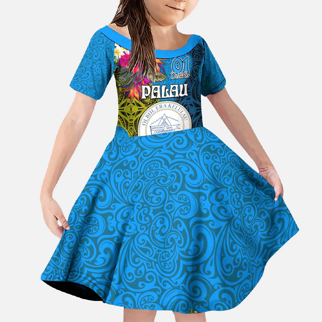 Palau Independence Day Family Matching Off Shoulder Maxi Dress and Hawaiian Shirt 1st October 30th Anniversary Polynesian Jungle Flower LT03 Daughter's Dress Blue - Polynesian Pride