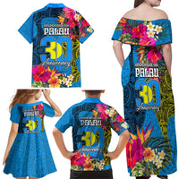 Palau Independence Day Family Matching Off Shoulder Maxi Dress and Hawaiian Shirt 1st October 30th Anniversary Polynesian Jungle Flower LT03 - Polynesian Pride