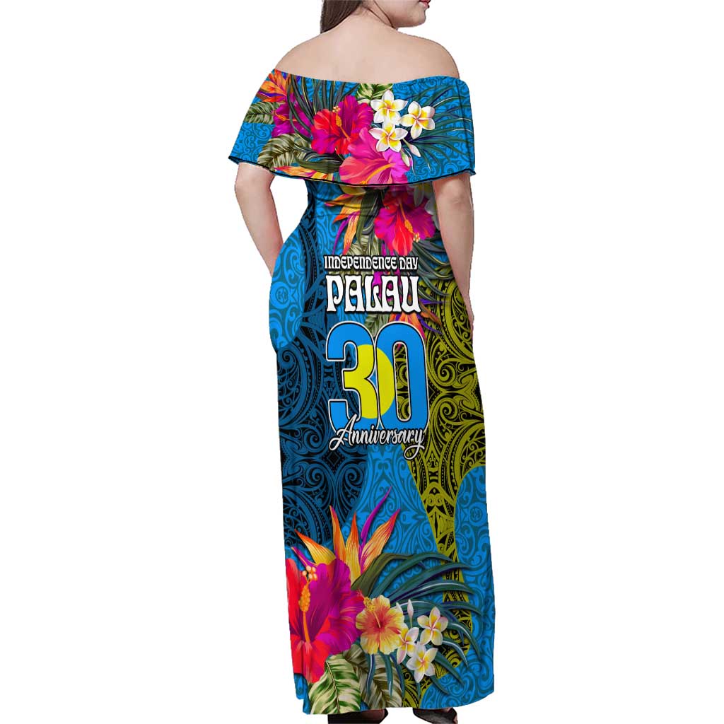 Palau Independence Day Family Matching Off Shoulder Maxi Dress and Hawaiian Shirt 1st October 30th Anniversary Polynesian Jungle Flower LT03 - Polynesian Pride