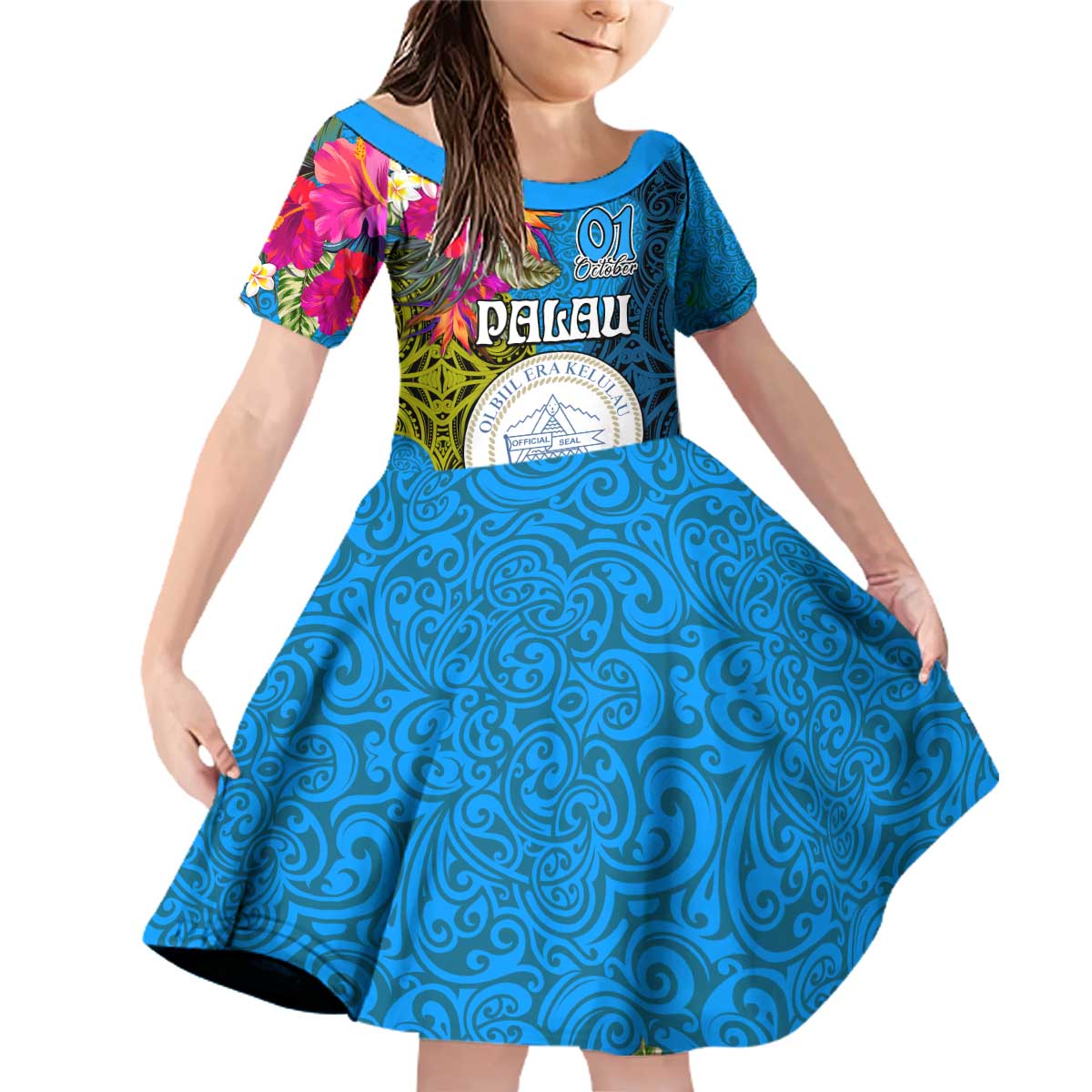 Palau Independence Day Family Matching Off Shoulder Short Dress and Hawaiian Shirt 1st October 30th Anniversary Polynesian Jungle Flower LT03 Daughter's Dress Blue - Polynesian Pride