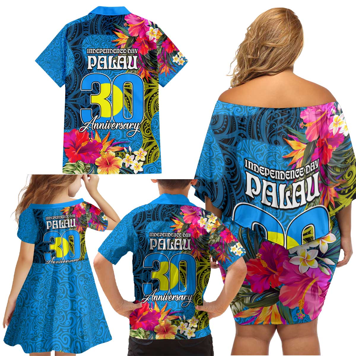Palau Independence Day Family Matching Off Shoulder Short Dress and Hawaiian Shirt 1st October 30th Anniversary Polynesian Jungle Flower LT03 - Polynesian Pride