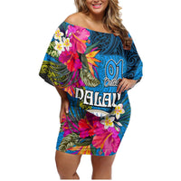 Palau Independence Day Family Matching Off Shoulder Short Dress and Hawaiian Shirt 1st October 30th Anniversary Polynesian Jungle Flower LT03 Mom's Dress Blue - Polynesian Pride