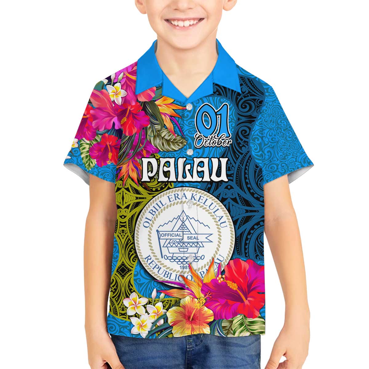 Palau Independence Day Family Matching Off Shoulder Short Dress and Hawaiian Shirt 1st October 30th Anniversary Polynesian Jungle Flower LT03 Son's Shirt Blue - Polynesian Pride