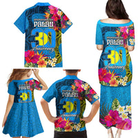 Palau Independence Day Family Matching Puletasi and Hawaiian Shirt 1st October 30th Anniversary Polynesian Jungle Flower