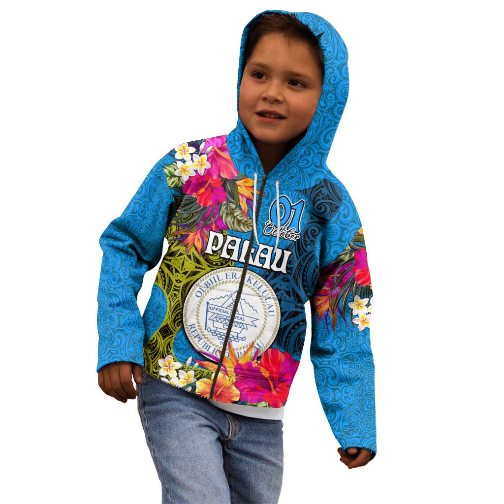 Palau Independence Day Kid Hoodie 1st October 30th Anniversary Polynesian Jungle Flower