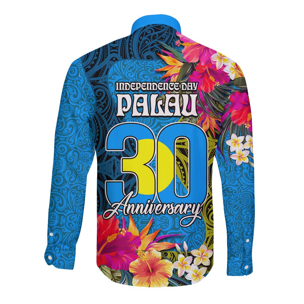 Palau Independence Day Long Sleeve Button Shirt 1st October 30th Anniversary Polynesian Jungle Flower