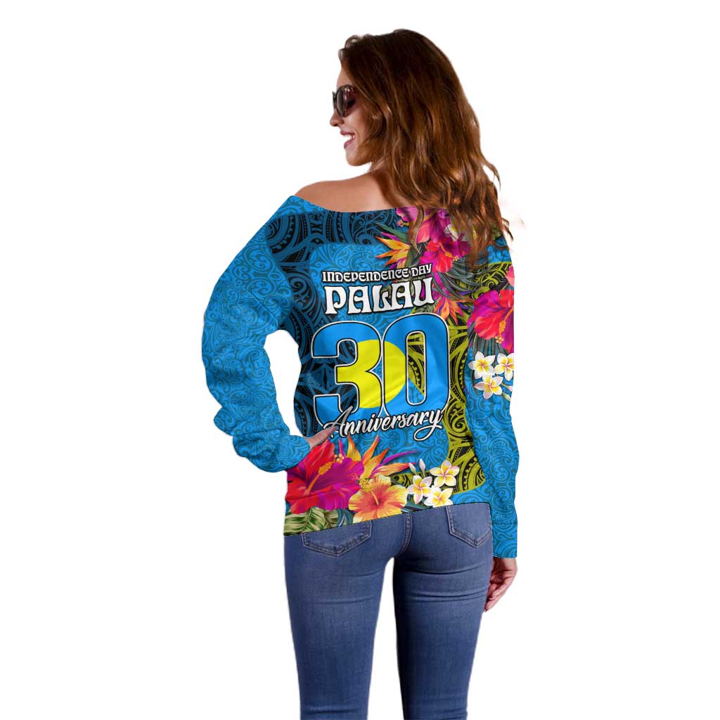 Palau Independence Day Off Shoulder Sweater 1st October 30th Anniversary Polynesian Jungle Flower