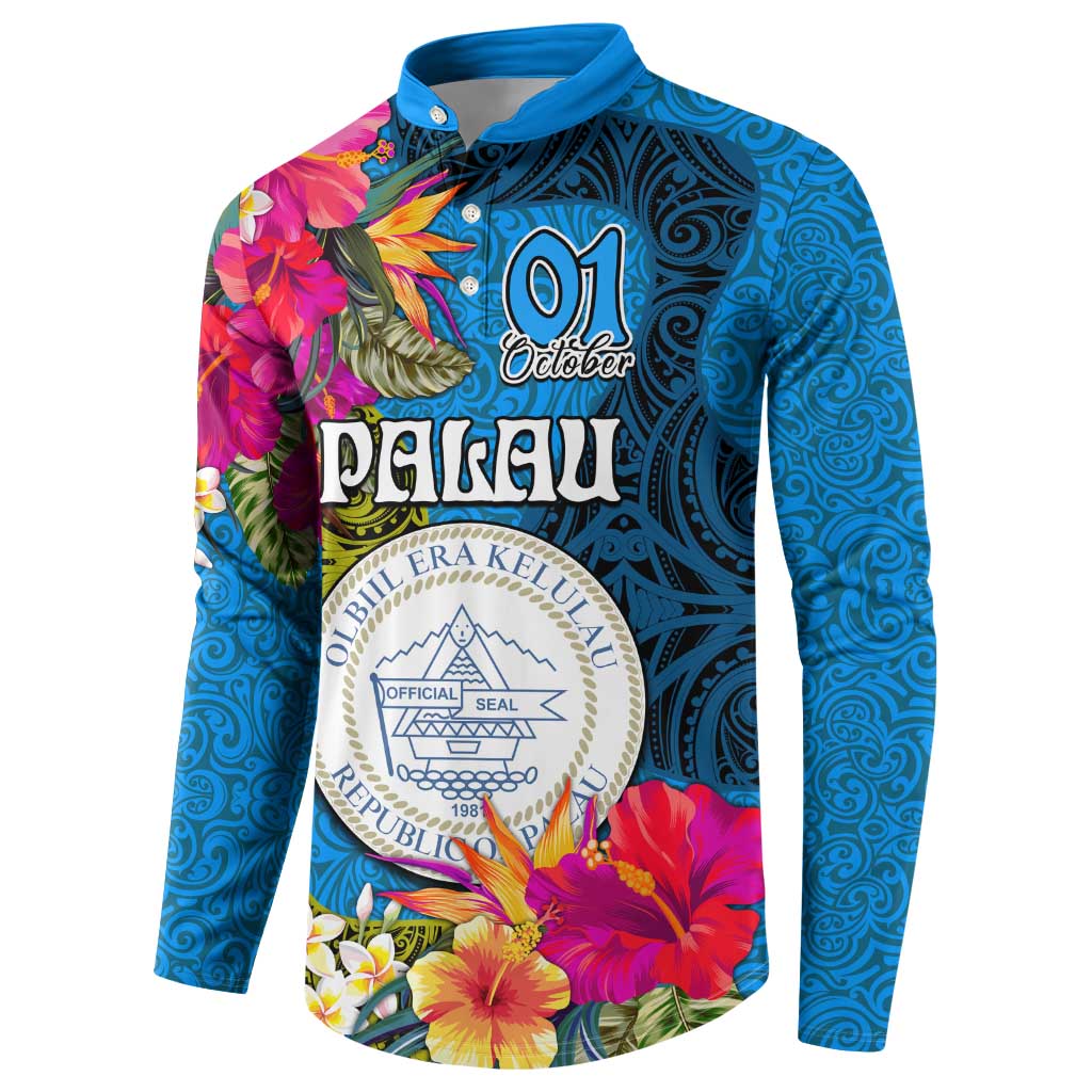 Personalised Palau Independence Day Button Sweatshirt 1st October 30th Anniversary Polynesian Jungle Flower