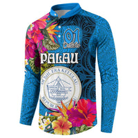 Personalised Palau Independence Day Button Sweatshirt 1st October 30th Anniversary Polynesian Jungle Flower