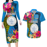 Personalised Palau Independence Day Couples Matching Long Sleeve Bodycon Dress and Hawaiian Shirt 1st October 30th Anniversary Polynesian Jungle Flower LT03 Blue - Polynesian Pride