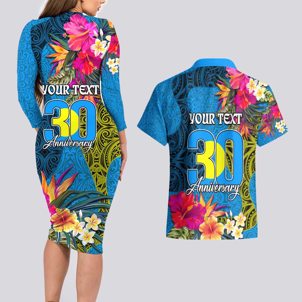 Personalised Palau Independence Day Couples Matching Long Sleeve Bodycon Dress and Hawaiian Shirt 1st October 30th Anniversary Polynesian Jungle Flower LT03 - Polynesian Pride