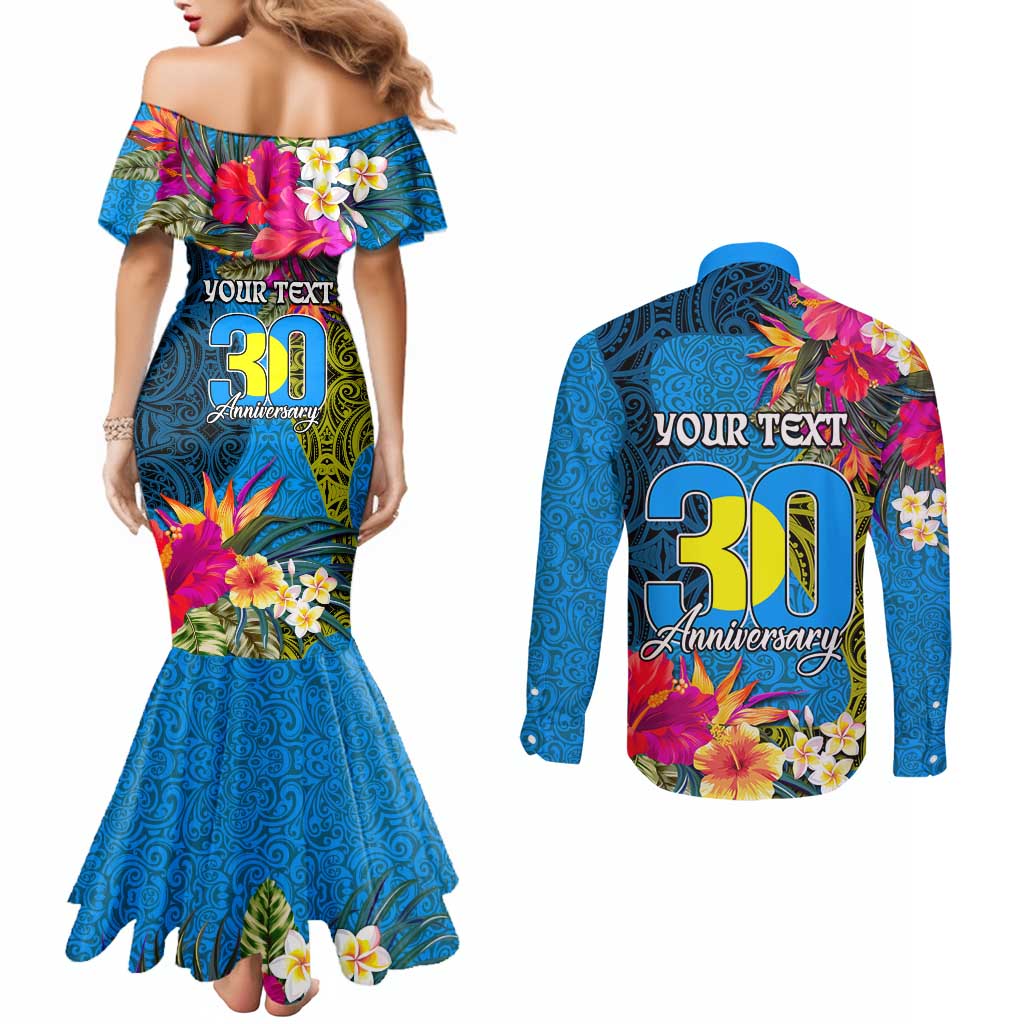 Personalised Palau Independence Day Couples Matching Mermaid Dress and Long Sleeve Button Shirt 1st October 30th Anniversary Polynesian Jungle Flower