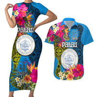 Personalised Palau Independence Day Couples Matching Short Sleeve Bodycon Dress and Hawaiian Shirt 1st October 30th Anniversary Polynesian Jungle Flower LT03 Blue - Polynesian Pride