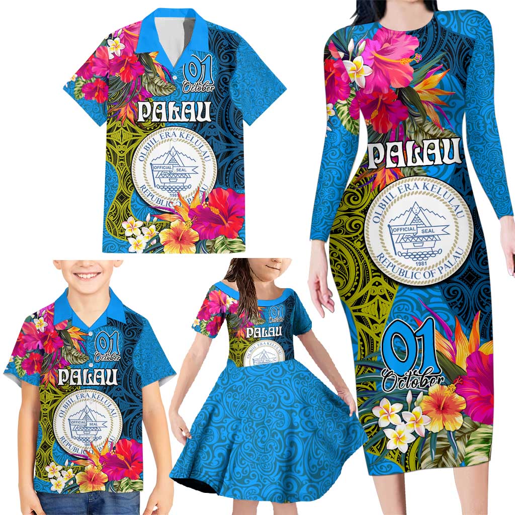 Personalised Palau Independence Day Family Matching Long Sleeve Bodycon Dress and Hawaiian Shirt 1st October 30th Anniversary Polynesian Jungle Flower LT03 - Polynesian Pride