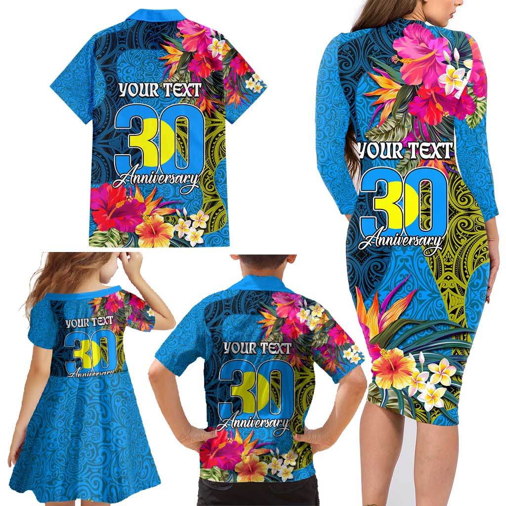 Personalised Palau Independence Day Family Matching Long Sleeve Bodycon Dress and Hawaiian Shirt 1st October 30th Anniversary Polynesian Jungle Flower LT03 - Polynesian Pride