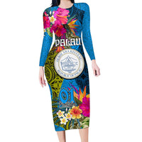 Personalised Palau Independence Day Family Matching Long Sleeve Bodycon Dress and Hawaiian Shirt 1st October 30th Anniversary Polynesian Jungle Flower LT03 Mom's Dress Blue - Polynesian Pride