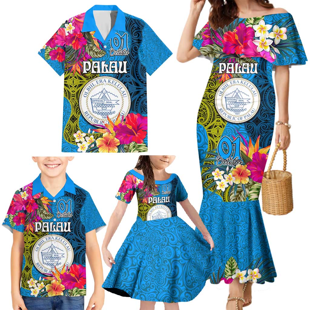 Personalised Palau Independence Day Family Matching Mermaid Dress and Hawaiian Shirt 1st October 30th Anniversary Polynesian Jungle Flower LT03 - Polynesian Pride