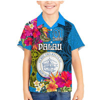 Personalised Palau Independence Day Family Matching Mermaid Dress and Hawaiian Shirt 1st October 30th Anniversary Polynesian Jungle Flower LT03 Son's Shirt Blue - Polynesian Pride