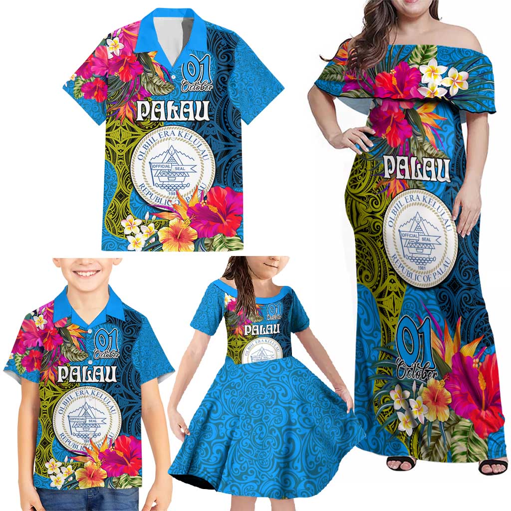 Personalised Palau Independence Day Family Matching Off Shoulder Maxi Dress and Hawaiian Shirt 1st October 30th Anniversary Polynesian Jungle Flower LT03 - Polynesian Pride