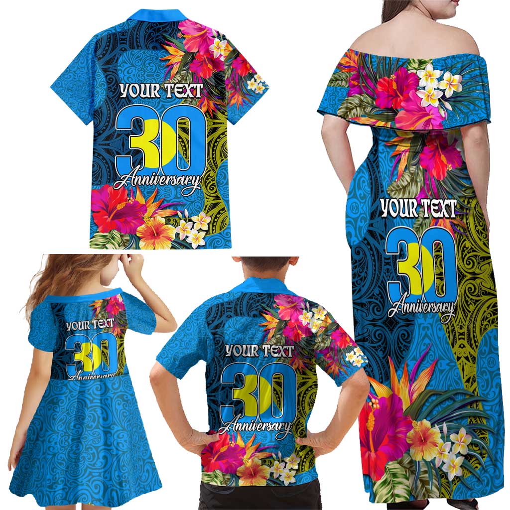 Personalised Palau Independence Day Family Matching Off Shoulder Maxi Dress and Hawaiian Shirt 1st October 30th Anniversary Polynesian Jungle Flower LT03 - Polynesian Pride