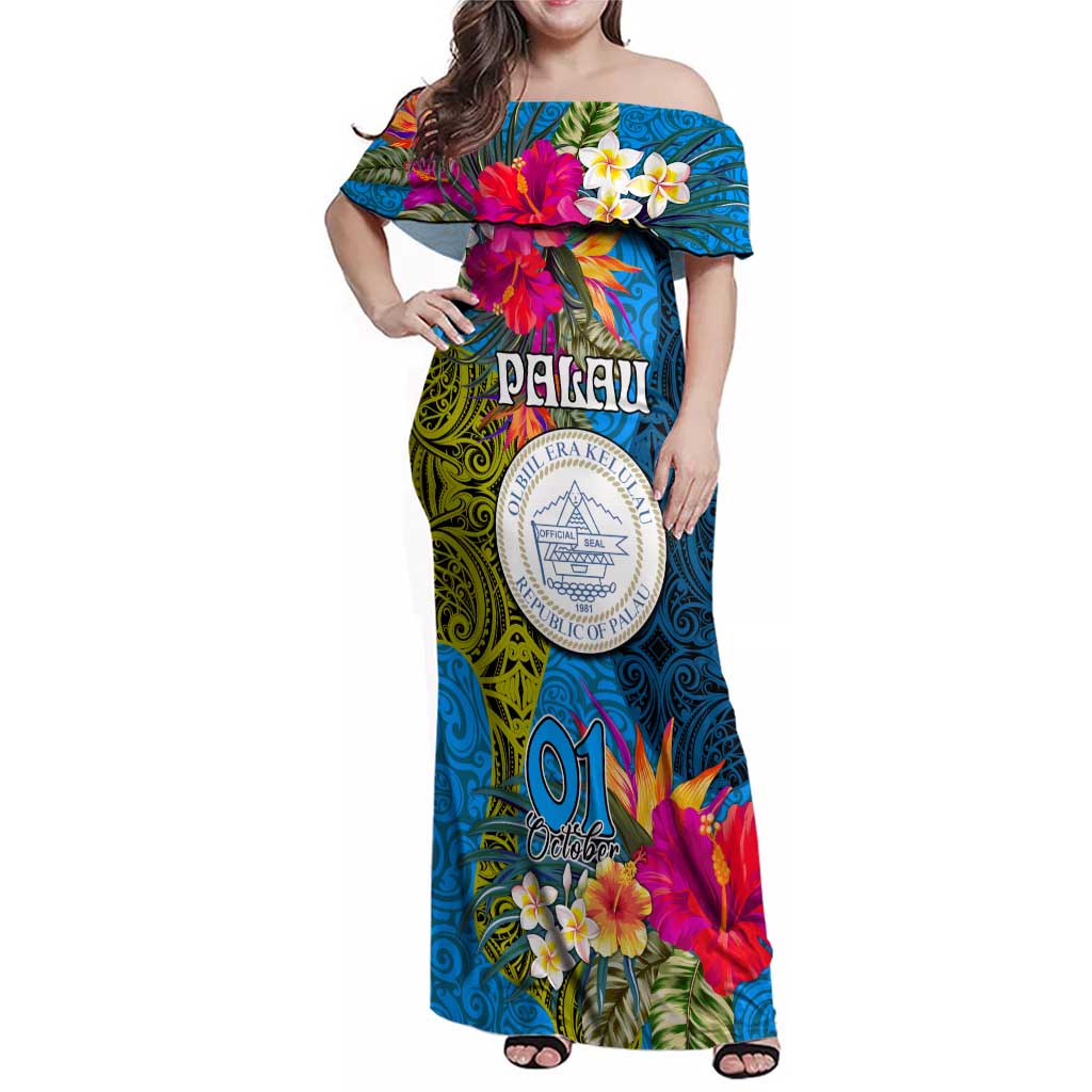 Personalised Palau Independence Day Family Matching Off Shoulder Maxi Dress and Hawaiian Shirt 1st October 30th Anniversary Polynesian Jungle Flower LT03 Mom's Dress Blue - Polynesian Pride