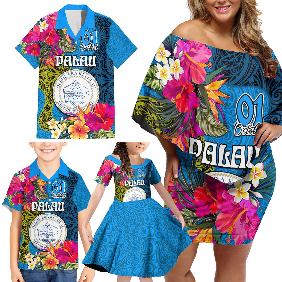 Personalised Palau Independence Day Family Matching Off Shoulder Short Dress and Hawaiian Shirt 1st October 30th Anniversary Polynesian Jungle Flower LT03 - Polynesian Pride