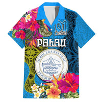 Personalised Palau Independence Day Family Matching Off Shoulder Short Dress and Hawaiian Shirt 1st October 30th Anniversary Polynesian Jungle Flower LT03 Dad's Shirt - Short Sleeve Blue - Polynesian Pride