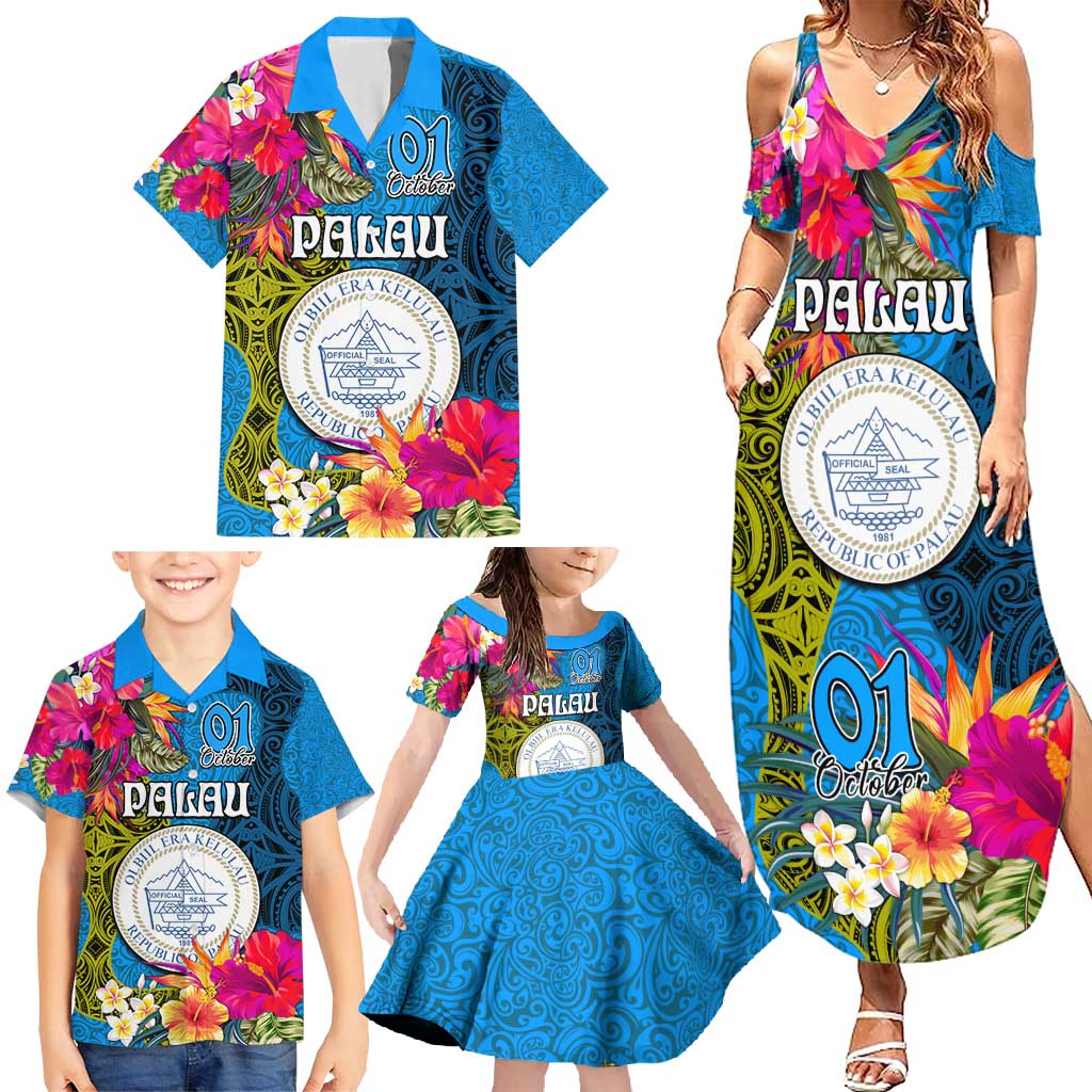 Personalised Palau Independence Day Family Matching Summer Maxi Dress and Hawaiian Shirt 1st October 30th Anniversary Polynesian Jungle Flower LT03 - Polynesian Pride