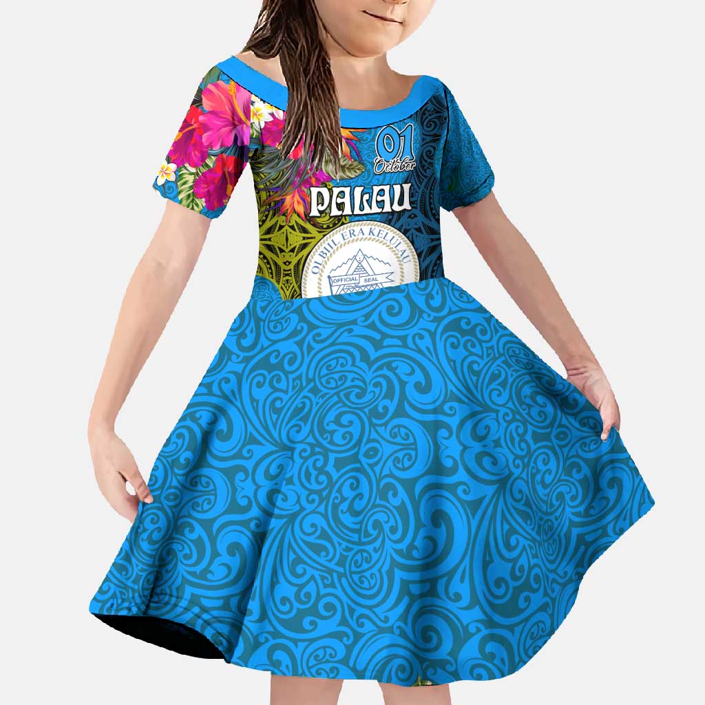 Personalised Palau Independence Day Family Matching Tank Maxi Dress and Hawaiian Shirt 1st October 30th Anniversary Polynesian Jungle Flower LT03 Daughter's Dress Blue - Polynesian Pride
