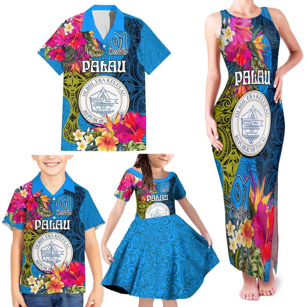 Personalised Palau Independence Day Family Matching Tank Maxi Dress and Hawaiian Shirt 1st October 30th Anniversary Polynesian Jungle Flower LT03 - Polynesian Pride